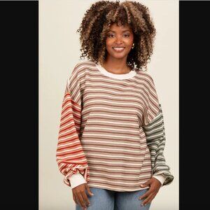 Pinkblush Bibi Brown Striped Colorblock Bubble Sleeve Top S